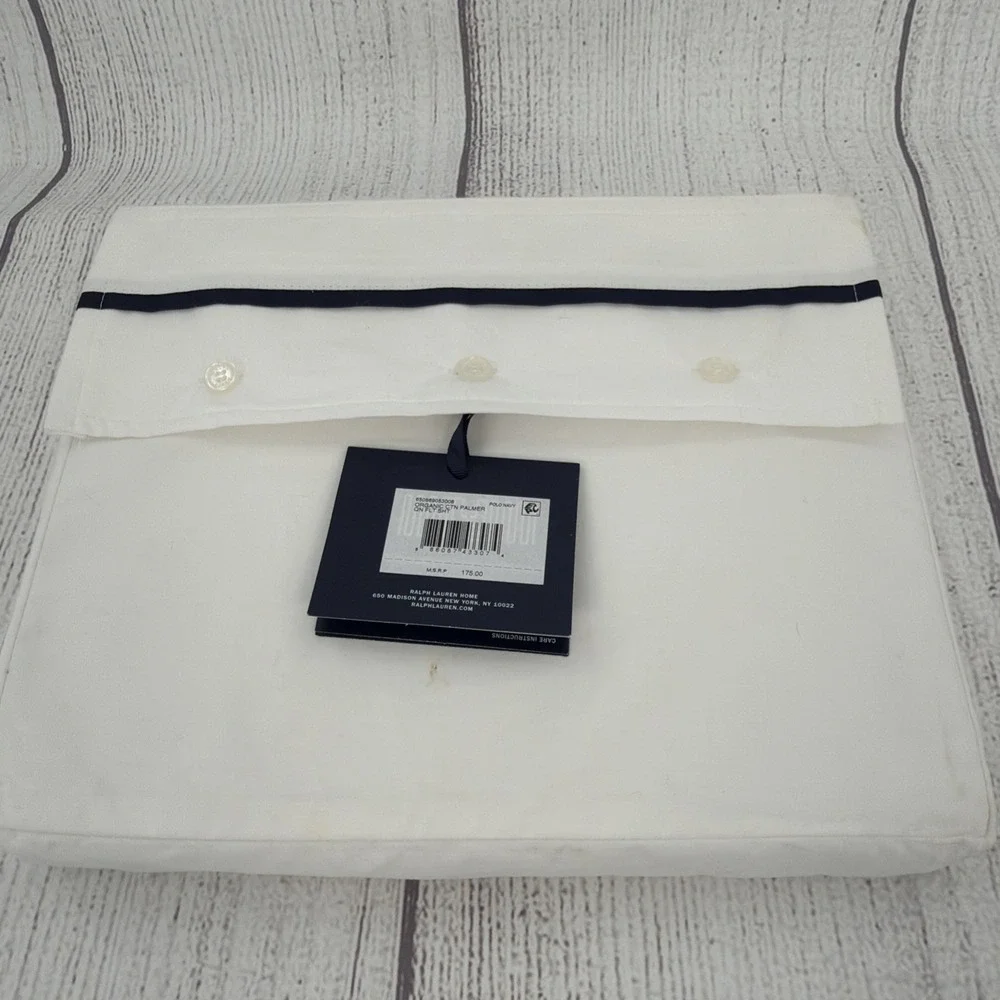 Ralph Lauren QUEEN FLAT SHEET White Navy Blue Palmer Percale Organic Cotton